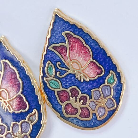 VTG Cloisonne Butterfly Floral Stud Earrings Red Blue Enamel Gold Tone Colorful - Picture 5 of 9